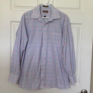 Michael Kors Mens Large 16.5 34/35 Button Up Shirt Plaid Cotton Blue Pink